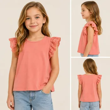 Girls dusty rose flutter sleeve eyelet top for wholesale stocklot and bulk girls tops resale