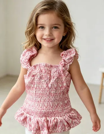 Front view of a girls pink and white tie-dye smocked tank top with ruffle shoulder straps, suitable for youth kids aged 7 to 15.