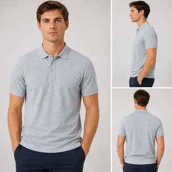 Men's charcoal gray 65/35 cotton polyester polo shirt with three-button placket, model front view for wholesale overstock