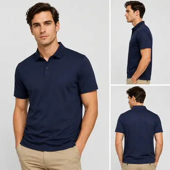 Navy blue men's cotton stretch polo shirt with chest pocket and spread collar, take-all wholesale lot