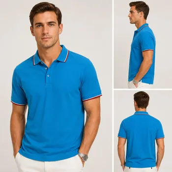 Men's royal blue tipped polo shirt with red and white striped collar and cuffs, multi-angle model photo for bulk overstock