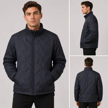 Black men's diamond quilted lightweight puffer jacket flat lay showing stand-up collar full zipper and side pockets for wholesale buyers