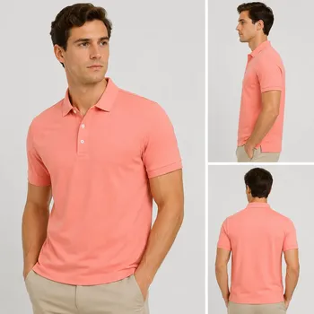 Men's coral pink silk blend polo shirt with contrasting piped collar, three-angle model composite for wholesale lot