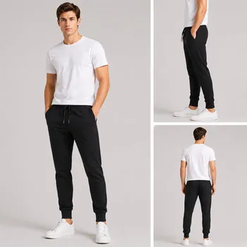 Men's slim fit casual pants in black with drawstring waist for wholesale stocklot and bulk trousers resale