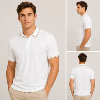 Men's white polo shirt with tan and gold striped collar and cuffs, three-angle model composite photo for factory overstock