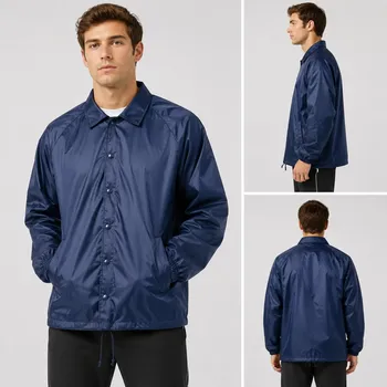 Men's navy blue coaches jacket windbreaker with snap buttons and drawstring hem, front side and back model composite for wholesale stock
