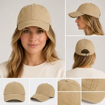 Close-up premium flat display of a vintage washed cotton baseball cap in classic khaki option