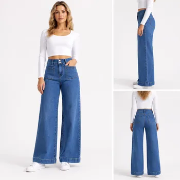 Model wearing wide-leg denim jeans, front view