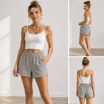Women's sage green cotton pull-on shorts with contrast waistband and rolled hem, three-angle model composite for factory overstock