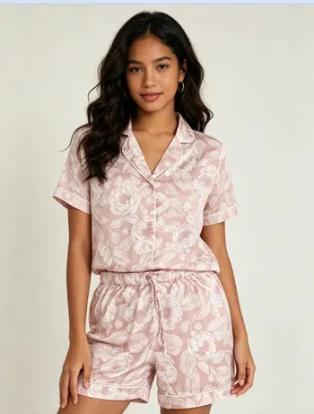 Front view of an elegant model wearing a women's dusty rose floral satin pajamas short sleeve 2-piece set
