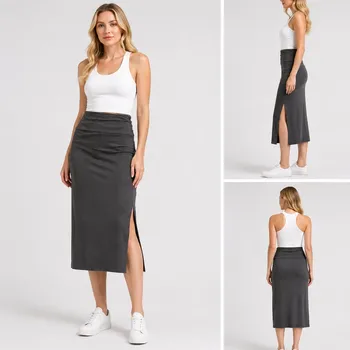 Women's charcoal gray fold over maxi skirt with side slit on model, wholesale stocklot